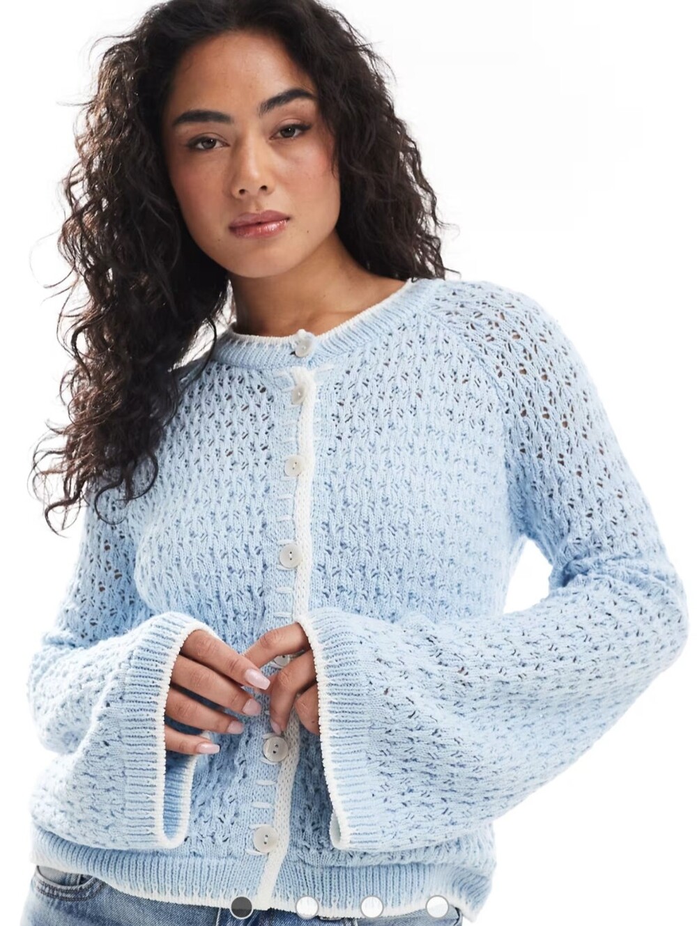 ASOS DESIGN crochet stitch cardigan with blanket stitch in light blue
